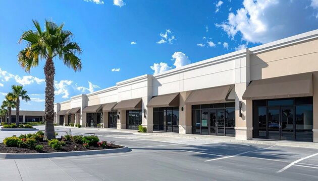 Row of empty modern retail storefronts with brown awnings and tropical palm trees in a spacious clean parking lot area