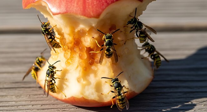 Wasps feeding on ripe apple slice on wooden table