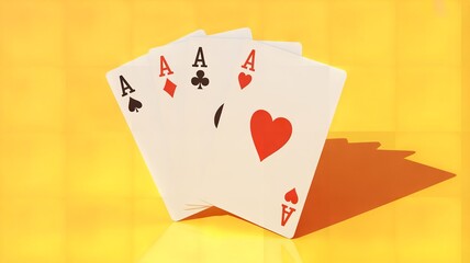 Obraz premium Four aces fanned out on yellow background with shadows