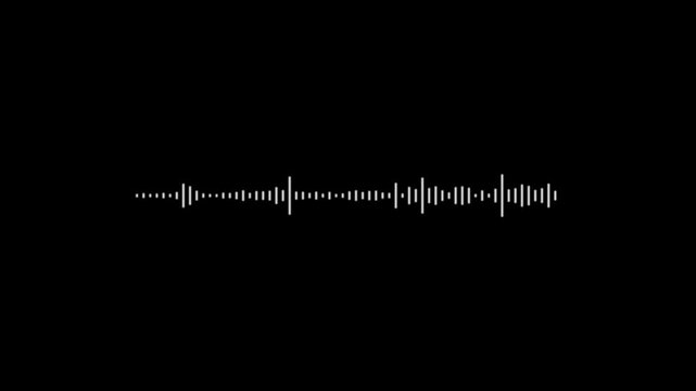 Sound wave audio spectrum animation, white waveform visualizer isolated on dark black background, music equalizer frequency bars rhythm meter, podcast voice message audio signal 4k