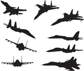 Military vehicles and aircraft silhouettes set including tanks and jets.