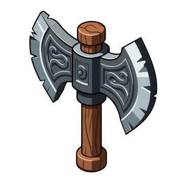 Viking battle axe with double edged blade and wooden handle