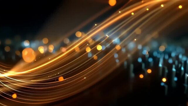 Futuristic digital wave with flowing orange lines and illuminated blue particles in a dark environment from a dynamic viewpoint, referencing vid_ai (94)_1080.mp4