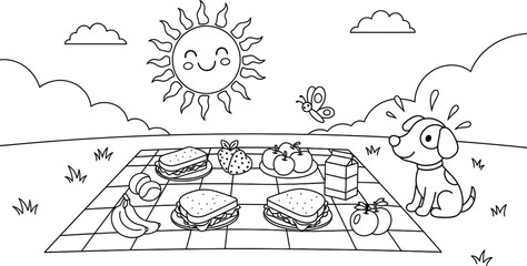 Fototapeta premium Fun food coloring book page for kids with happy sun and tasty burgers
