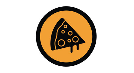 A black silhouette of a melting pizza slice on an orange background within a black circle.