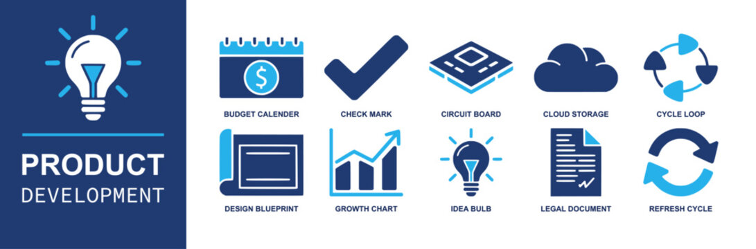 Product development icon set. Containing budget, check mark, circuit board, cloud storage, blueprint, growth chart, idea bulb, legal document, cycle and more. Solid fill vector icons.