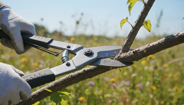 Robust anvil loppers expertly cutting a tree branch during springtime gardening in a sunny field