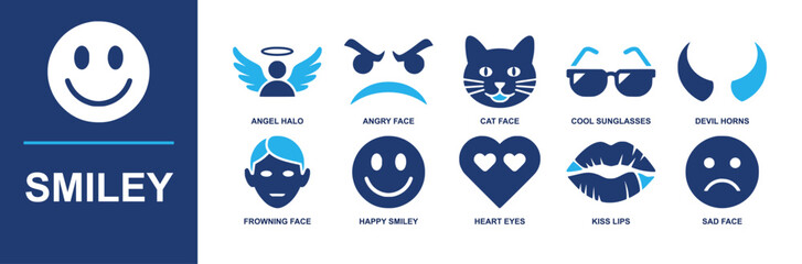 Obraz premium Smiley icon set. Containing angel halo, angry face, cat face, cool sunglasses, devil horns, frowning face, happy smiley, heart eyes, kiss lips, sad face and more. Solid fill vector icons