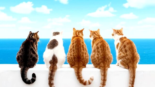 Five Cats Enjoying a Serene Ocean View on a Sunny Day.