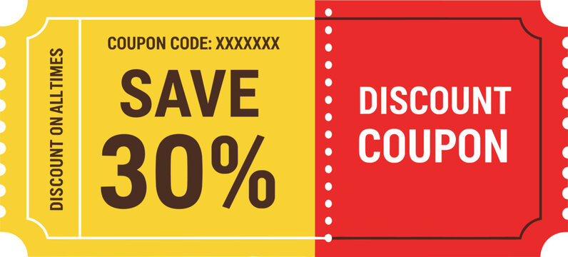 Colorful promotional discount coupon ticket design with bold red and yellow sections, save 30 percent offer, editable code, and dotted tear line for marketing campaigns.
