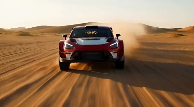 Front tracking shot of rally car racing fast on desert sand dunes