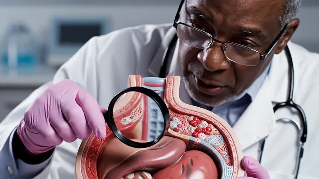 Doctor examines anatomical organ model with magnifying glass