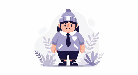 A cute character in a beanie and tie, amidst stylized leaves and abstract shapes