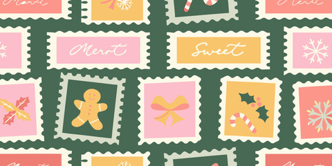 Festive christmas postage stamps with holiday illustrations and greetings © Ranajit