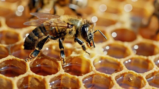 European honey bee on golden honeycomb filled with honey