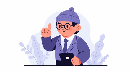 Fototapeta premium Character in glasses and hat holds tablet, pointing up with an idea