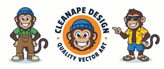 Naklejka premium A vibrant vector illustration featuring two charming monkey characters, showcasing their playful nature and creative flair, ideal for children's projects and designs.