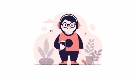 Cheerful character with headphones and phone, surrounded by potted plants and abstract shapes