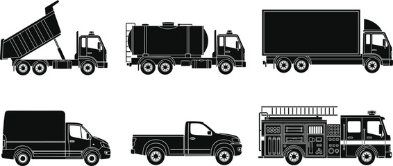 Utility and service vehicle silhouettes, dump truck, tanker, cargo van, pickup, fire truck artwork, transport design illustration set © Fenshi