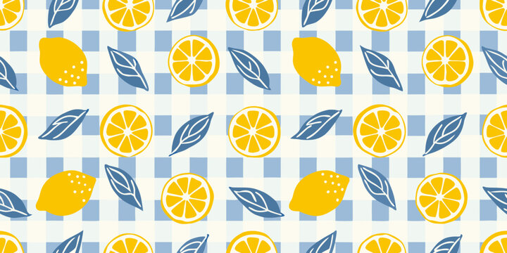 A cheerful pattern featuring lemons oranges leaves and blue gingham