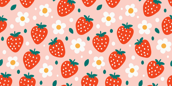 A cheerful pattern of strawberries daisies and green leaves on pink