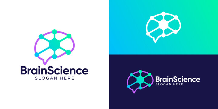 Creative modern brain science logo template. Brainwith dot connection, molecule neuron symbol logo design vector illustration.