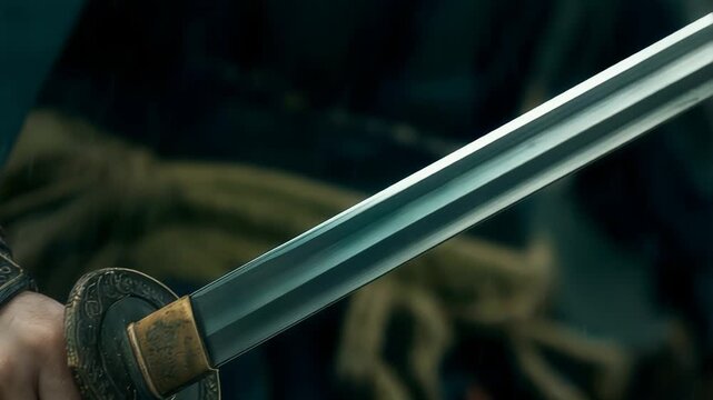A rain-soaked warrior's hand grips an ornate katana hilt, wearing an intricately carved leather and brass gauntlet, in dramatic cinematic close-up against a dark atmospheric background.