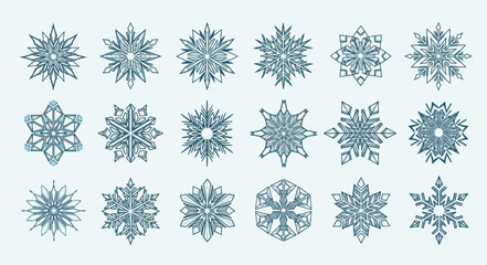 Collection of Various Snowflakes with Unique Crystal Patterns.