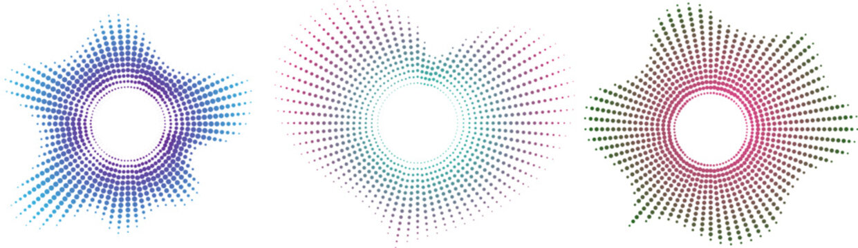 Abstract circular halftone burst shapes with colorful gradient dot patterns on transparent background Abstract gradient dot radial waves, colorful circular burst design elements