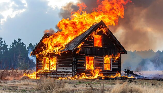 Wooden cabin consumed by intense flames, billowing smoke rises against a rural, tree-lined backdrop under a pale sky