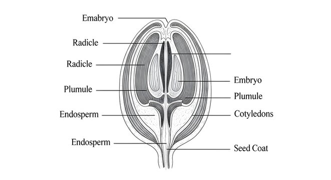 Longitudinal section of a seed showing seed coat, endosperm and a well‑developed embryo with cotyledons, plumule and radicle, illustrating internal seed anatomy and organization of food storage and em