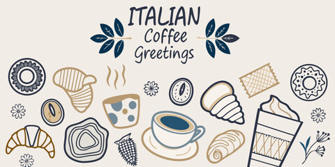 Italian coffee and pastries illustration with floral and decorative elements © Ranajit