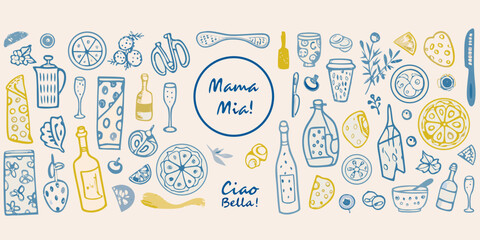 Hand drawn illustration of italian food and drink with playful lettering © Ranajit