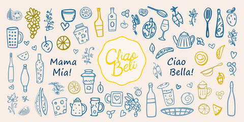Hand drawn italian kitchen items and lettering with floral embellishments © Ranajit