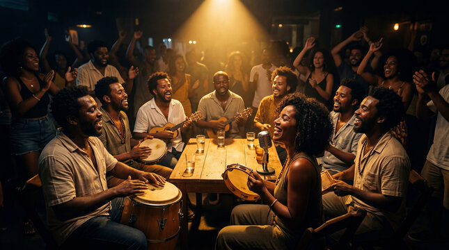 Cinematic Wide Shot of Traditional Samba Circle Under Golden Spotlight