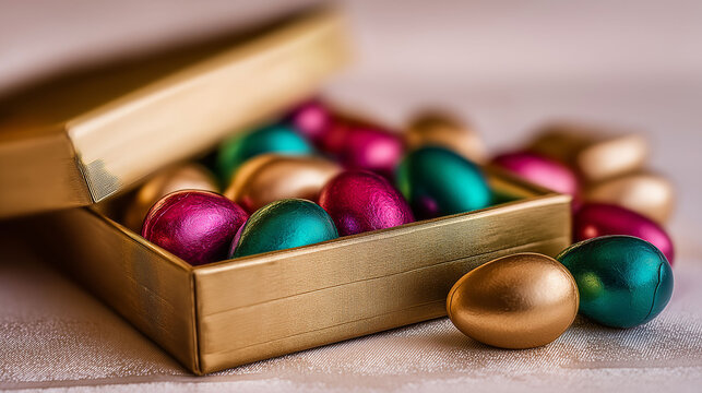 Caja con tapa semi abierta de huevos de pascuas envueltos en papel brillante de colores rojo, azul, verde, amarillo, naranja