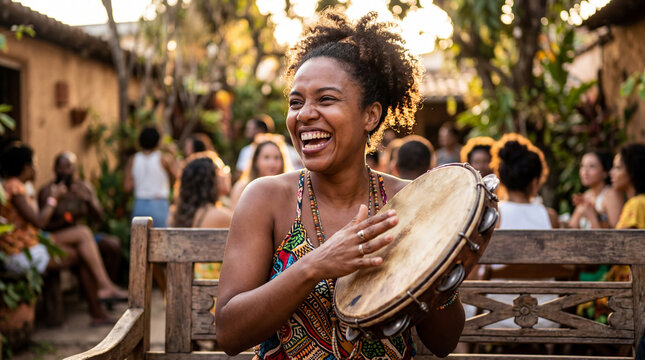 Happy Musician Playing Pandeiro Drum with Authentic Joyful Expression