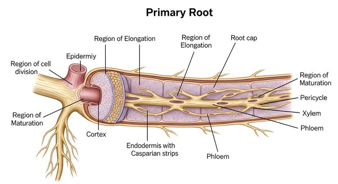 Color longitudinal diagram of a primary root tip showing root cap, regions of cell division, elongation and maturation, cortex, endodermis with Casparian strips, pericycle, xylem, phloem and numerous 