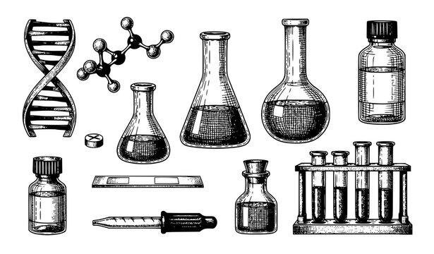 Vintage science laboratory sketch icons with DNA molecule flasks beakers and test tubes hand engraved vector illustration