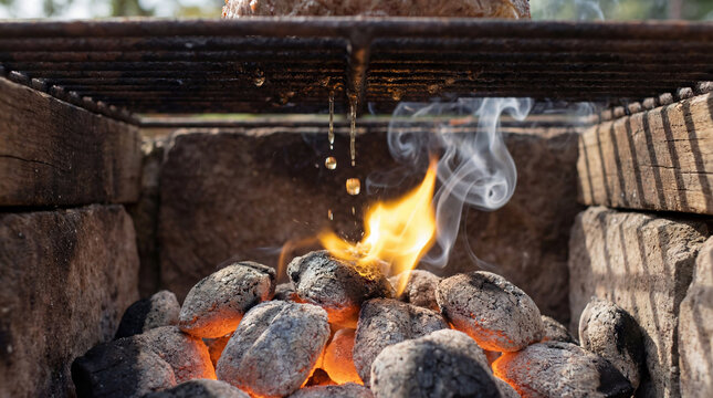 High End Rustic Beef Fat Dripping on Hot Charcoal Embers