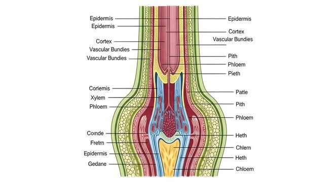 Longitudinal section diagram of a plant stem apex showing epidermis, cortex, pith and concentric vascular bundles with xylem and phloem tissues, illustrating internal shoot tip organization and primar