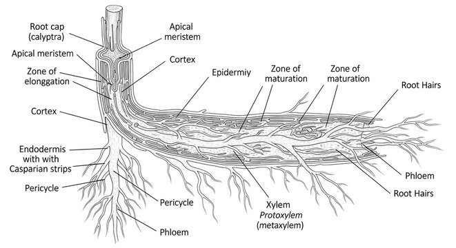 Detailed longitudinal diagram of a growing plant root showing root cap, apical meristem, zones of cell division, elongation and maturation, cortex, endodermis, pericycle, xylem protoxylem metaxylem, p