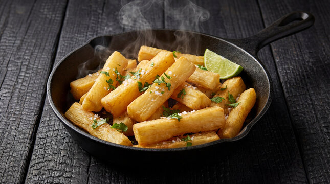 Golden Crispy Fried Yuca Sticks in Rustic Cast Iron Skillet