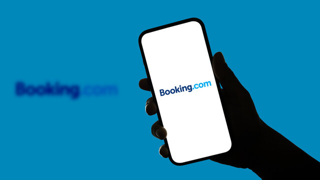 Booking.com logo displayed on a smartphone screen &ndash; Delhi, India &ndash; June 04, 2025