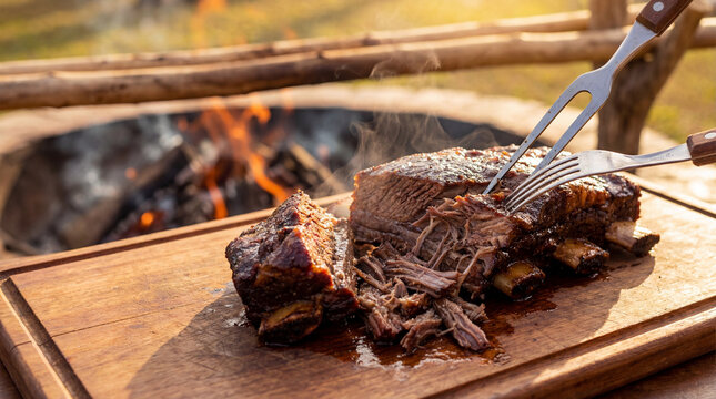 Traditional Brazilian Slow Roasted Beef Ribs Pulled Apart With Fork