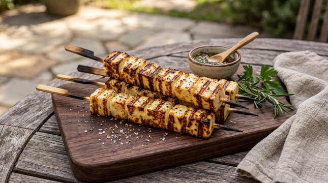 Grilled Queijo Coalho Cheese Skewers with Toasted Brown Square Patterns