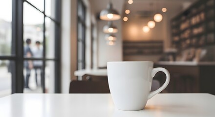 Fototapeta premium A white coffee mug on a table in a cozy cafe interior
