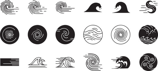 Set of 20 Black and White Hurricane, Tornado, and Ocean Wave Vector Icons for Weather, Climate, and Natural Disaster Designs