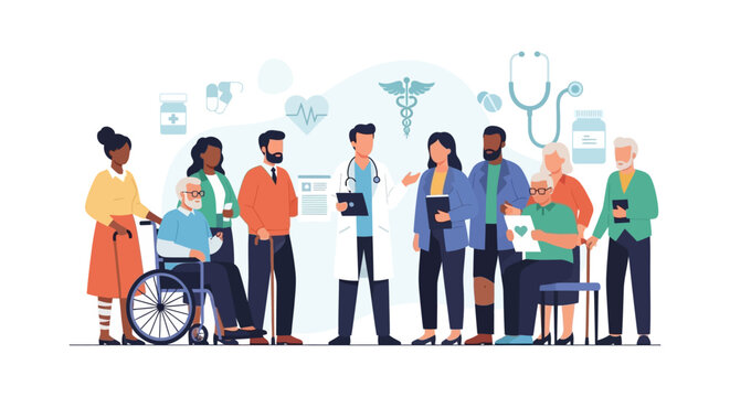 Diverse Healthcare Team and Patients Illustration: Comprehensive Medical Support, Elderly Care, and Community Health Services