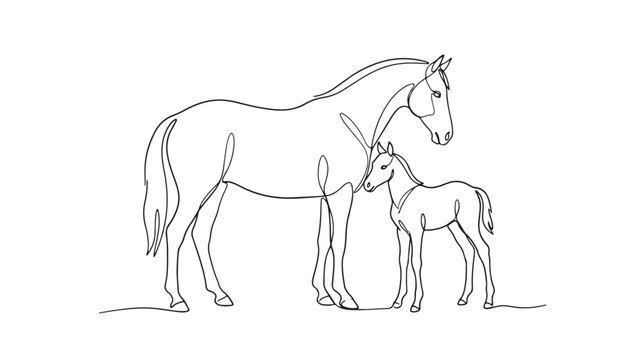 Graceful continuous line art vector illustration capturing the tender bond between a mother horse and her young foal, showcasing natural animal family connection